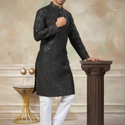 House of Pataudi Embellished Mandarin Collar Silk Straight Kurta image 3