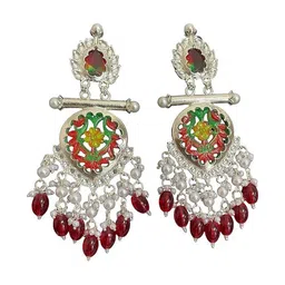 TESSARA Silver Plated Kundan Studded & Beaded Geometric Drop Earrings-picture-17