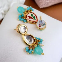 LUCKY JEWELLERY 18k Gold-Plated Kundan-Studded & Beaded Jewellery Set image 2