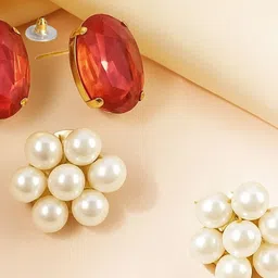 ORANGENYSHA Set Of 2 Gold-Plated Crystals Studded Oval Shaped Korean Studs image 3