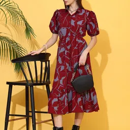 Honky Tonky Women Floral Printed Puff Sleeve Fit and Flare Midi Dress-picture-21
