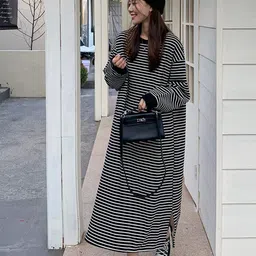 HERE&NOW Women Striped Round Neck Maxi Dress-image-62