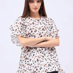 DressBerry Print Flared Sleeve Indigo Satin Top image 2
