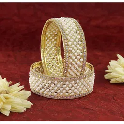 zulka ZULKASet of 2 Premium Metal White Moti Pearls & Diamond Kada Bangles image 4