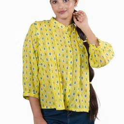 PALL&WE Ikat Printed Mandarin Collar Gathered or Pleated Cotton Top-picture-14