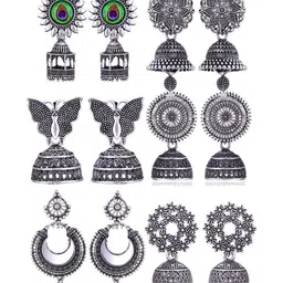 Sangria Set Of 6 Silver-Plated Stones-Studded & Beaded Oxidised Jhumkas-picture-24