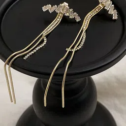 Zaphariq Gold Plated Crystal Studded Tasselled Contemporary Korean Drop Earrings image 5