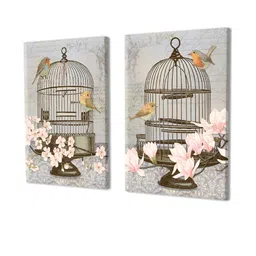 Myntra Elegant Homes White & Grey Set of 2 Floral Bird Theme With Cage Print Wall Art image 3