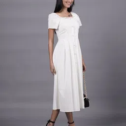 French Theory Women Solid Pleated Cotton Fit and Flare Midi Dress image 2