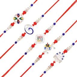 Myntra Elegant Homes Set Of 5 Silver-Plated Rakhis With Greeting Card & Roli Chawal image 2