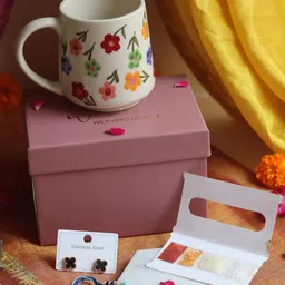 WEAVING HOMES Stone Studded & Beaded Thread Rakhi With Mug & Earrings image 2