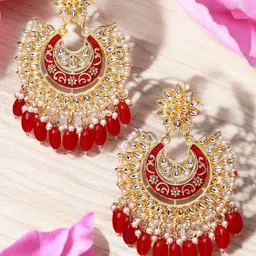 Anouk Artificial Stones Studded and Beaded Meenakari Crescent Shaped Chandbalis image 1