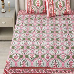 Bombay Spreads White & Pink Printed Cotton 180 TC Double King Bedsheet Set 2.74m X 2.20m image 2