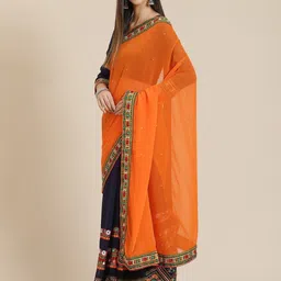 KAVINDI Embellished Kutchi Embroidery Pure Georgette Half and Half Saree-image-76