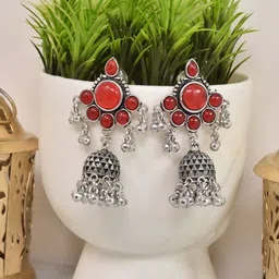 MEIRA JEWELLERY Set Of 2 German Silver Stones Studded Oxidised Dome Shaped Jhumkas-image-37