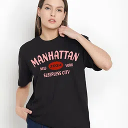 Mast & Harbour Women Typography Printed Round Neck Pure Cotton Oversized T-shirt-picture-18