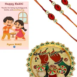 Anouk Set Of 3 Red Stone Rakhi With Funny Card & Pooja Thali image 3