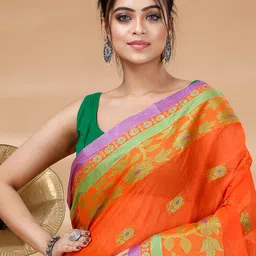 PuJoy Floral Zari Pure Cotton Taant Saree image 5