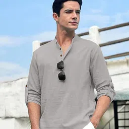 Navkanj Mandarin Collar Roll-Up Sleeves Cotton Straight Short Kurta-image-88