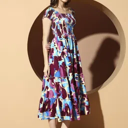OTABU Abstract Printed Smocked Fit and Flare Midi Dress image 3