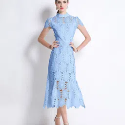 JC Collection Women Floral Self Design High Neck A-Line Midi Dress image 4