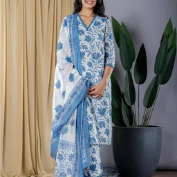 KALINI Floral Printed Pure Cotton Straight Kurta With Trousers & Dupatta image 1