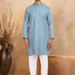 KRAFT INDIA Men Striped Mandarin Collar Regular Kurta with Pyjamas image 1