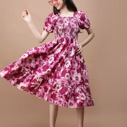 STARWORD Girls Floral Printed Puff Sleeves Fit & Flare Midi Dress-picture-49