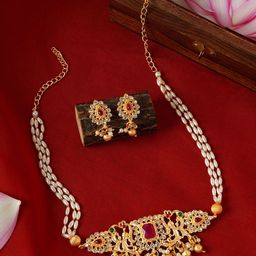 TEEJH Gold-Plated Stone-Studded & Beaded Jewellery Set-picture-0