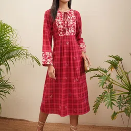 vishudh Women Fit and Flare Red Midi/Calf Length Dress image 3