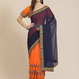 DIVASTRI Embellished Embroidered Pure Georgette Half and Half Saree-image-84
