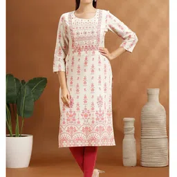 COTTON CULTURE Floral Embroidered Round Neck Thread Work Cotton Straight Kurta-image-65