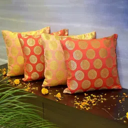 RoyalDeco Coral & Peach 4 Pieces Ethnic Motifs Brocade Square Cushion Covers-image-17