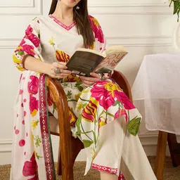 Indo Era Floral Printed V-Neck Pure Cotton Straight Kurta With Trousers & Dupatta-picture-21