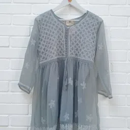 PRETANSHAH Women Ethnic Motifs Embroidered Empire Chikankari Silk Georgette Kurti with Palazzos & With-picture-33