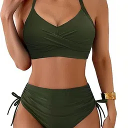 Women Fuzzy Shoulder Straps High-Waist Swim Bikini Set image 2