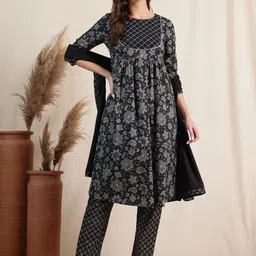Anouk Women Floral Printed Pleated Pure Cotton Kurta with Trousers & Dupatta-picture-23