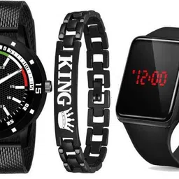 domesca Analog Watch - For Men FULL BLACK FANCY DIAL SPORT PU BELT WATCH & KING BRECELET PACK OF 3-picture-21