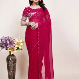 K 5 Fashion Women Georgette Embroidered Blouse Piece With Floral Designs Rani Color Saree-picture-13