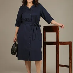 The Pink Moon Women Navy Cotton Shirt Collar Roll-Up Sleeves Belted Detail Shirt Dress image 2
