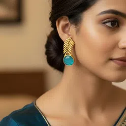 Jeweltos Gold-Plated Onyx Leaf Shaped Feather Drop Earrings-image-8