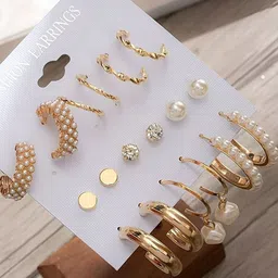 PolluxCraft Set Of 9 Gold-Plated Pearls Beaded Circular Shaped Korean Half Hoop Earrings image 4