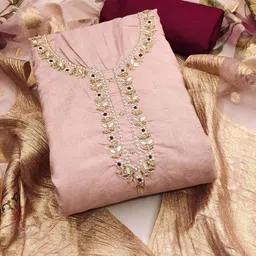 HERE&NOW Floral Embroidered Beads & Stones Cembric Cotton Unstitched Dress Material-picture-11