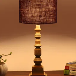 Aura Brown Wood Traditional Cylindrical Shaped Table Lamp image 4