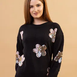 all about you Women Floral Round Neck Woollen Pullover with Embellished Detail-image-85