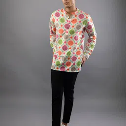 Vallengud Men Standard Fit Ethnic Motifs Printed Mandarin Collar Cotton Casual Shirt-picture-25