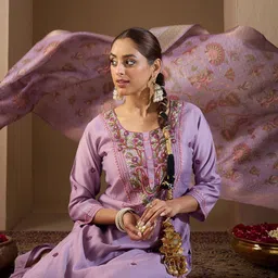 Indo Era Women Floral Embroidered Regular Thread Work Kurta with Trousers & With Dupatta image 3