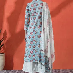 Sangria Floral Printed Straight Pure Cotton Kurta With Trousers & Dupatta image 4