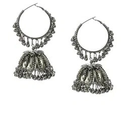 JOHARKAMAL Silver-Plated Ghungroo Beaded Dome Oxidised Jhumkas image 3
