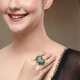 KARATCART Silver-Plated American Diamond-Studded Round Floral Cocktail Finger Ring image 5